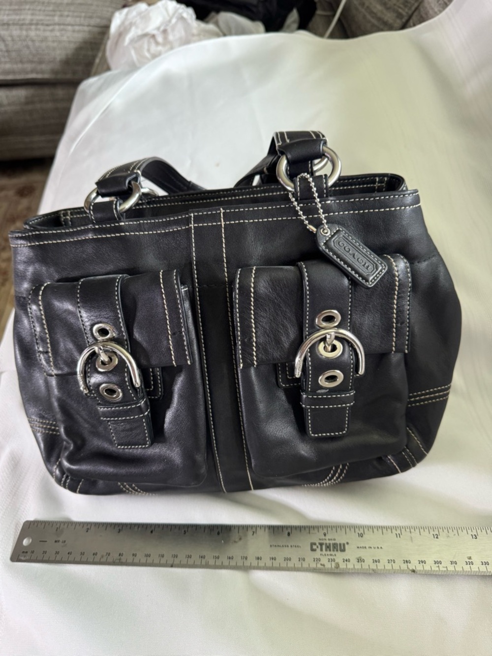 Coach Black Leather Shoulder Bag with Front Buckle Pockets